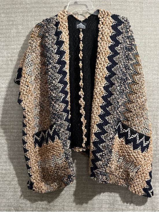 Angie Sweaters - Angie Boucle Mosaic Knitted Chevron Shawl Tan Navy Black Poncho Pockets Boho